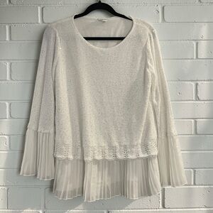 Sioni Ivory Sequin Knit Blouse L Romantic Boho Chiffon Ruffle Hem Top